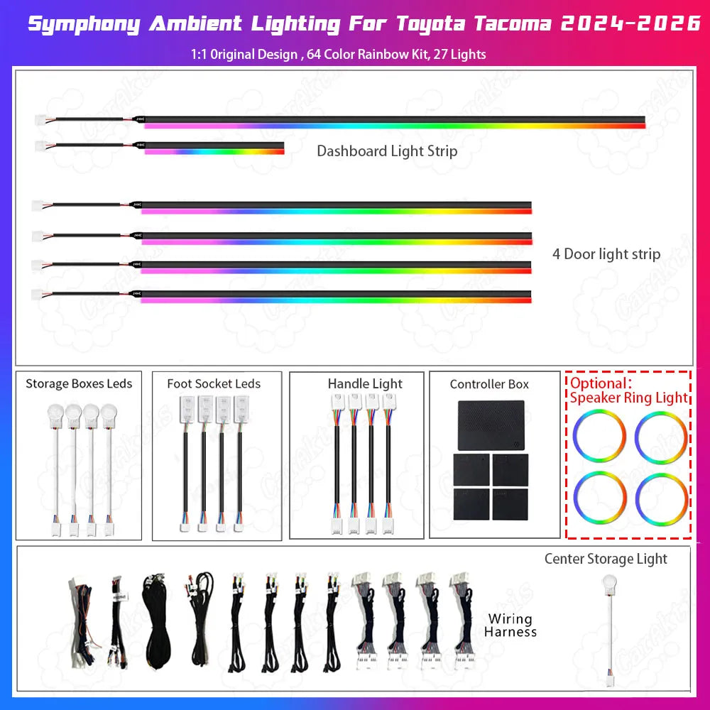 Comprehensive LED interior lighting kit for 2024-2026 Toyota Tacoma including door/dash strips and 4 custom-fit speaker ring lights.