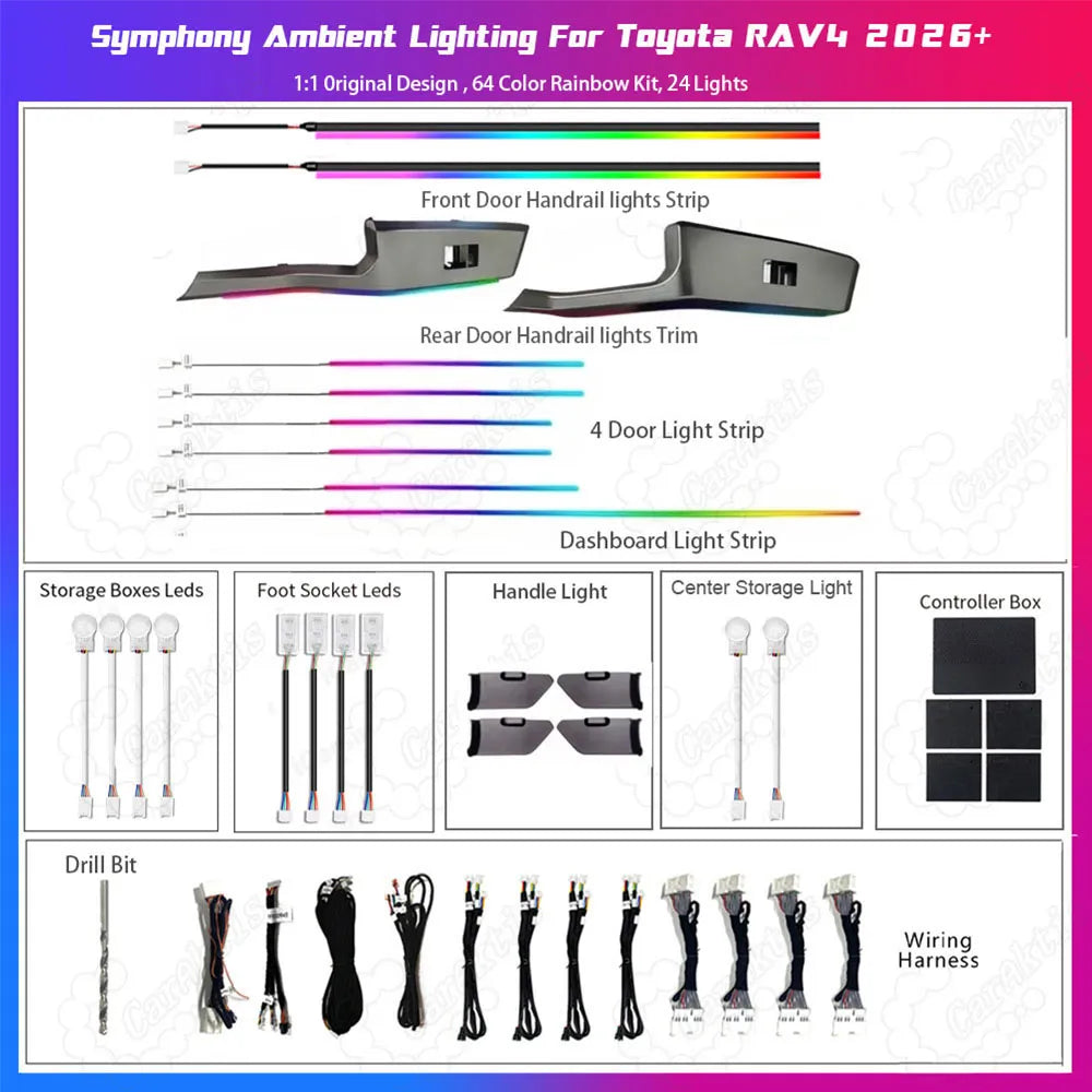 Product catalog photo on a clean white background showing all 25 pieces of the Toyota RAV4 ambient light kit, including light strips, wiring harnesses, and LED modules.