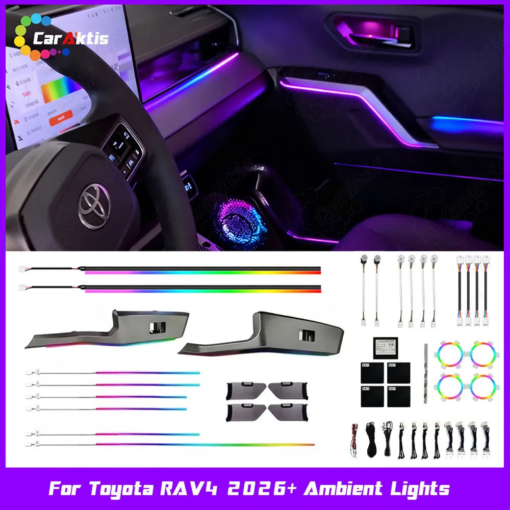 Premium custom LED ambient lighting kit installed inside a 2026 Toyota RAV4, showcasing vibrant, multi-color neon glow streams along the dashboard and door under low light.