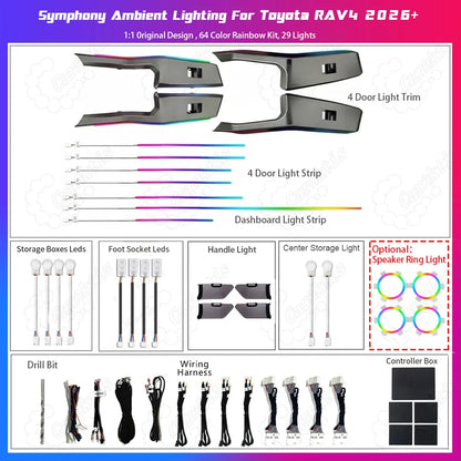 Complete 2026 Toyota RAV4 LED ambient light kit package with optional illuminated speaker rings, dashboard strips, and plug-and-play wiring.