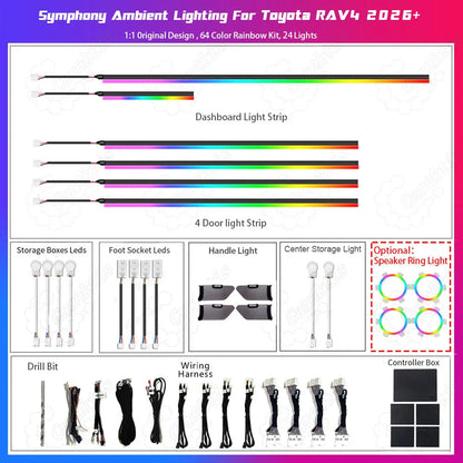 Product inclusion list for the 2026 Toyota RAV4 featuring hidden light strips, dynamic chasing ambient lighting, and optional glowing speaker rings.