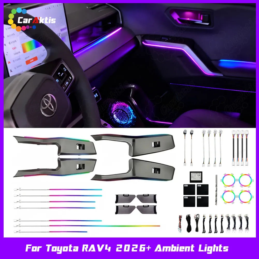 Full interior view of 2026 Toyota RAV4 featuring dynamic multi-color LED ambient lighting on dashboard and doors.