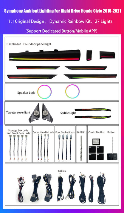 CarAkits LED Safety assistance systems Ambient Light For Honda Civic Right Hand 2016-2021 Interior Decoration