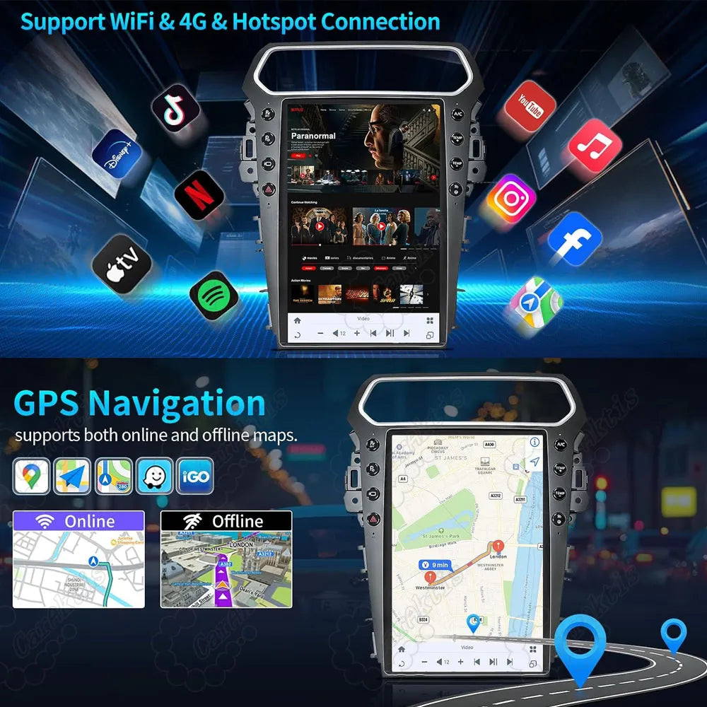 Android car display with 4G LTE WiFi connection and online offline GPS navigation maps.