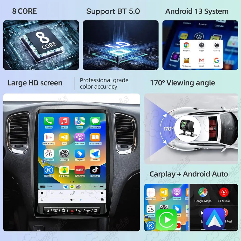Key features of Android 13 car stereo including 8-core CPU, Bluetooth 5.0, HD large screen, and 170-degree viewing angle.