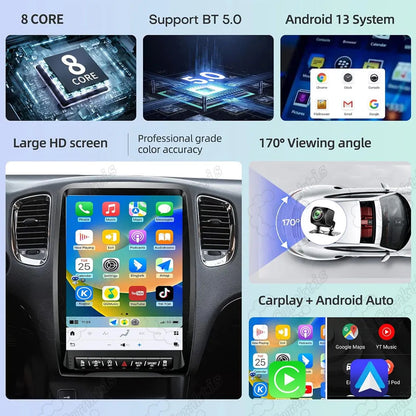 Key features of Android 13 car stereo including 8-core CPU, Bluetooth 5.0, HD large screen, and 170-degree viewing angle.