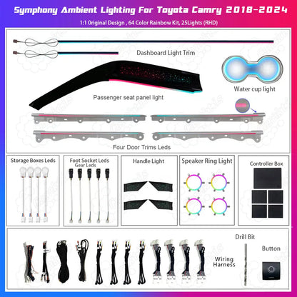 Toyota Camry 2018–2024 Right-Hand Drive RHD Ambient Light | 8th Gen LED Interior, Dynamic Streamer, 64-Color Atmosphere