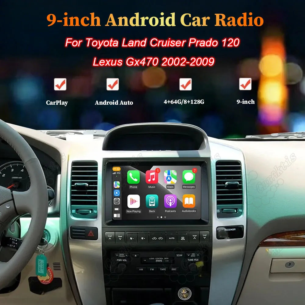 9 inch Android car radio multimedia head unit installed in Toyota Land Cruiser Prado 120 and Lexus GX470 dashboard