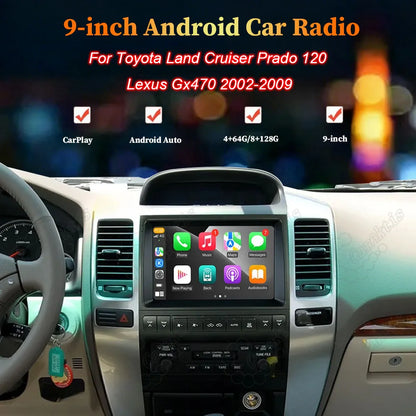 9 inch Android car radio multimedia head unit installed in Toyota Land Cruiser Prado 120 and Lexus GX470 dashboard