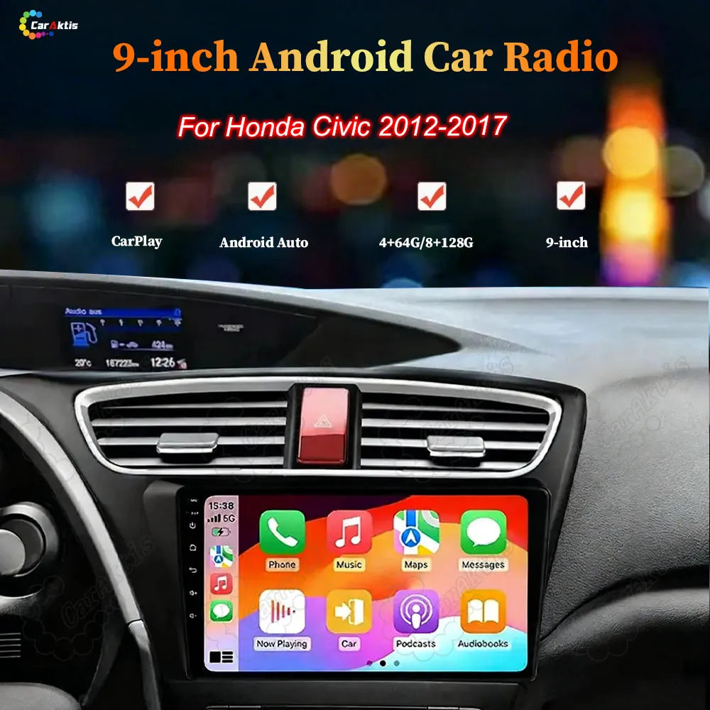 9-inch Android 10 car stereo for Honda Civic 2012-2017 featuring Wireless CarPlay and Android Auto