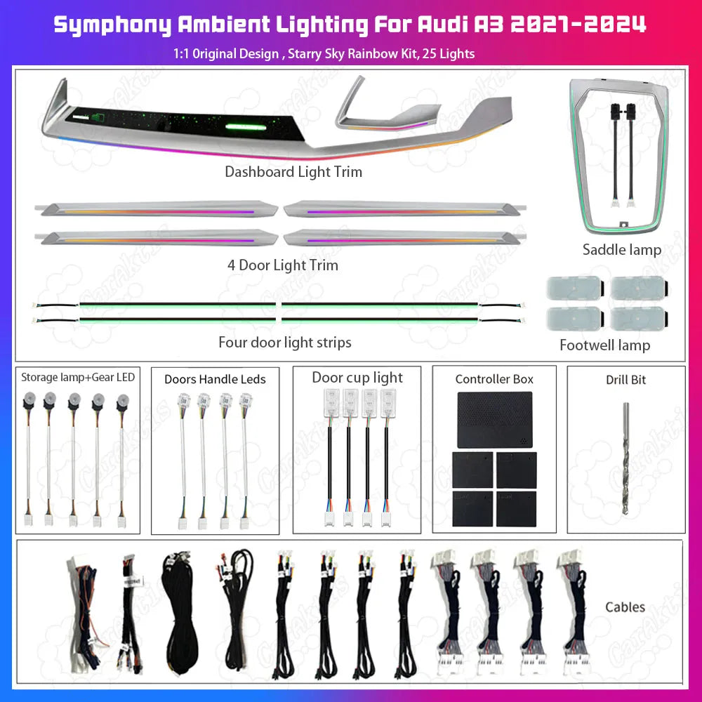 CarAkits Dynamic LED Ambient Light For  Audi 2021-2024 A3L  Interior Decoration with Colorful Features
