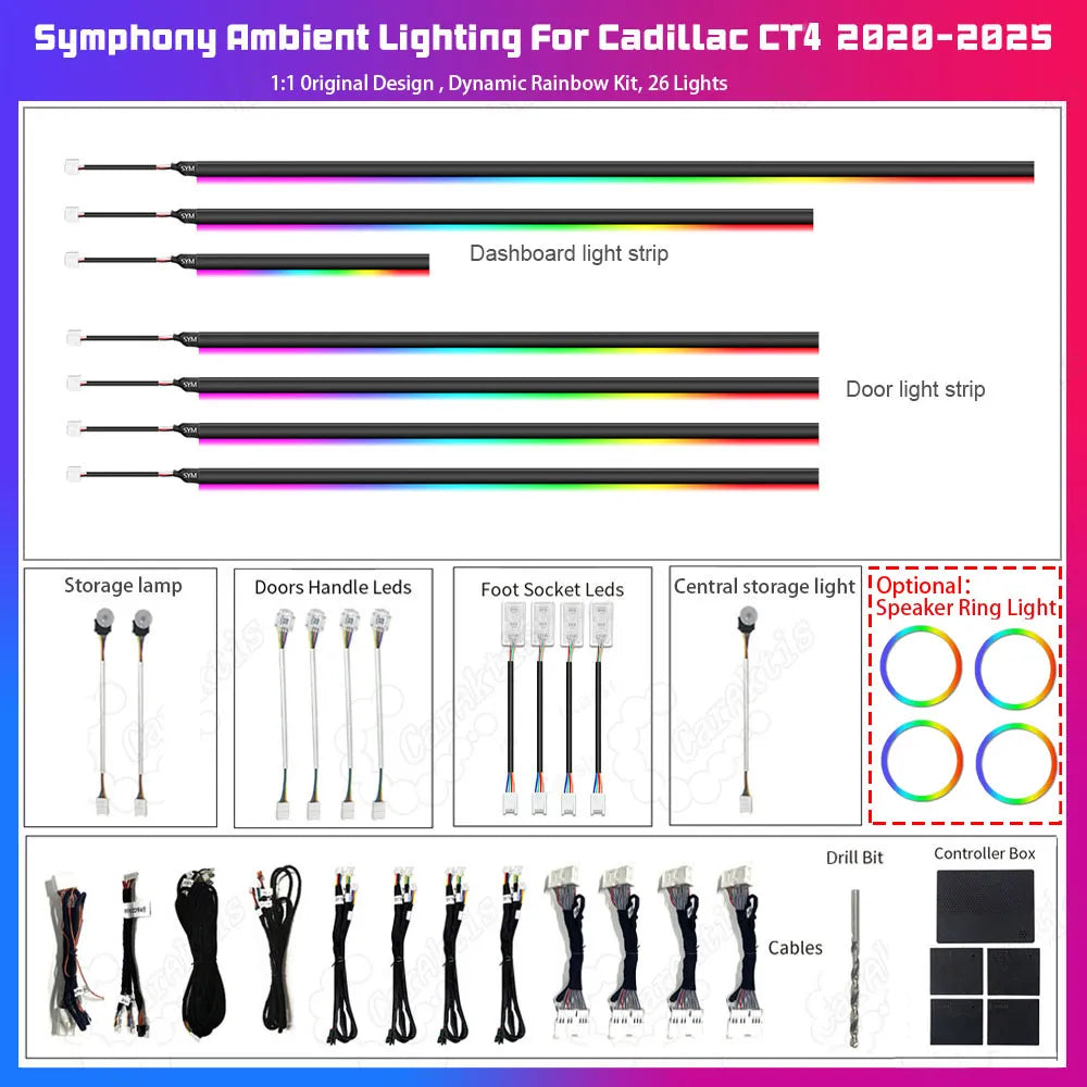 Cadillac CT4 2020–2025 Interior Ambient Lighting Upgrade – Dynamic 64-Color Rainbow Symphony Kit