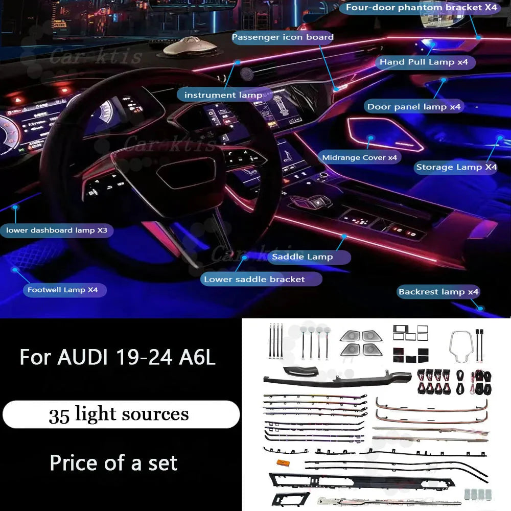 CarAkits 64 Colors Dynamic Ambient Light For Audi A6L C7 2019-2024 Illuminated Automotive Interior Decoration