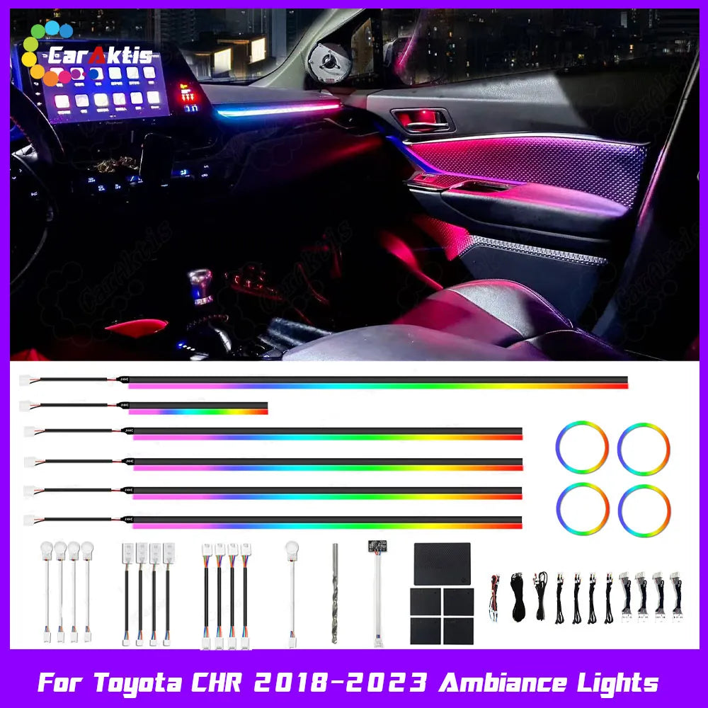 Professional 64-color LED interior ambient lighting kit specifically designed for Toyota C-HR 2018-2023 models, featuring plug-and-play installation and premium light strips