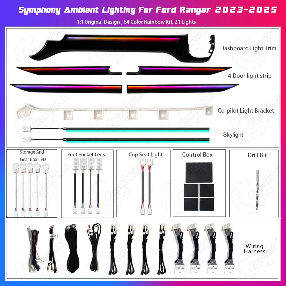 64 Colors Ambient Lighting Kit for Ford Ranger 2023–2025 | Interior LED Upgrade