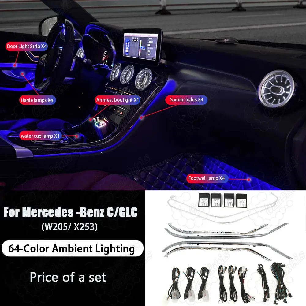 CarAktis 64 Colors Dynamic Lighting Automotive Decoration For Mercedes-Benz C/GLC W205/X253 2015-2021 LED Ambient Light