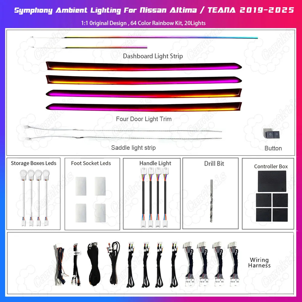 64-Color LED Ambient Interior Lighting Kit for Nissan Altima / Teana (2019-2025)