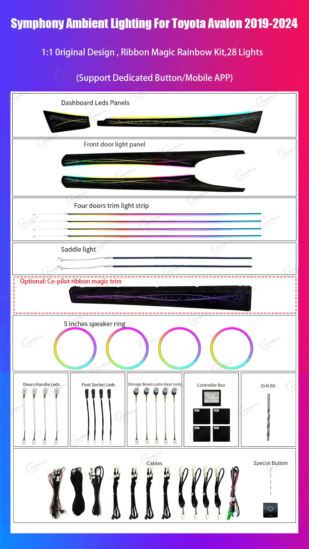 CarAktis Ambient Light LED Interior Decoration For Toyota Avalon 2019-2024 Dynamic Lighting