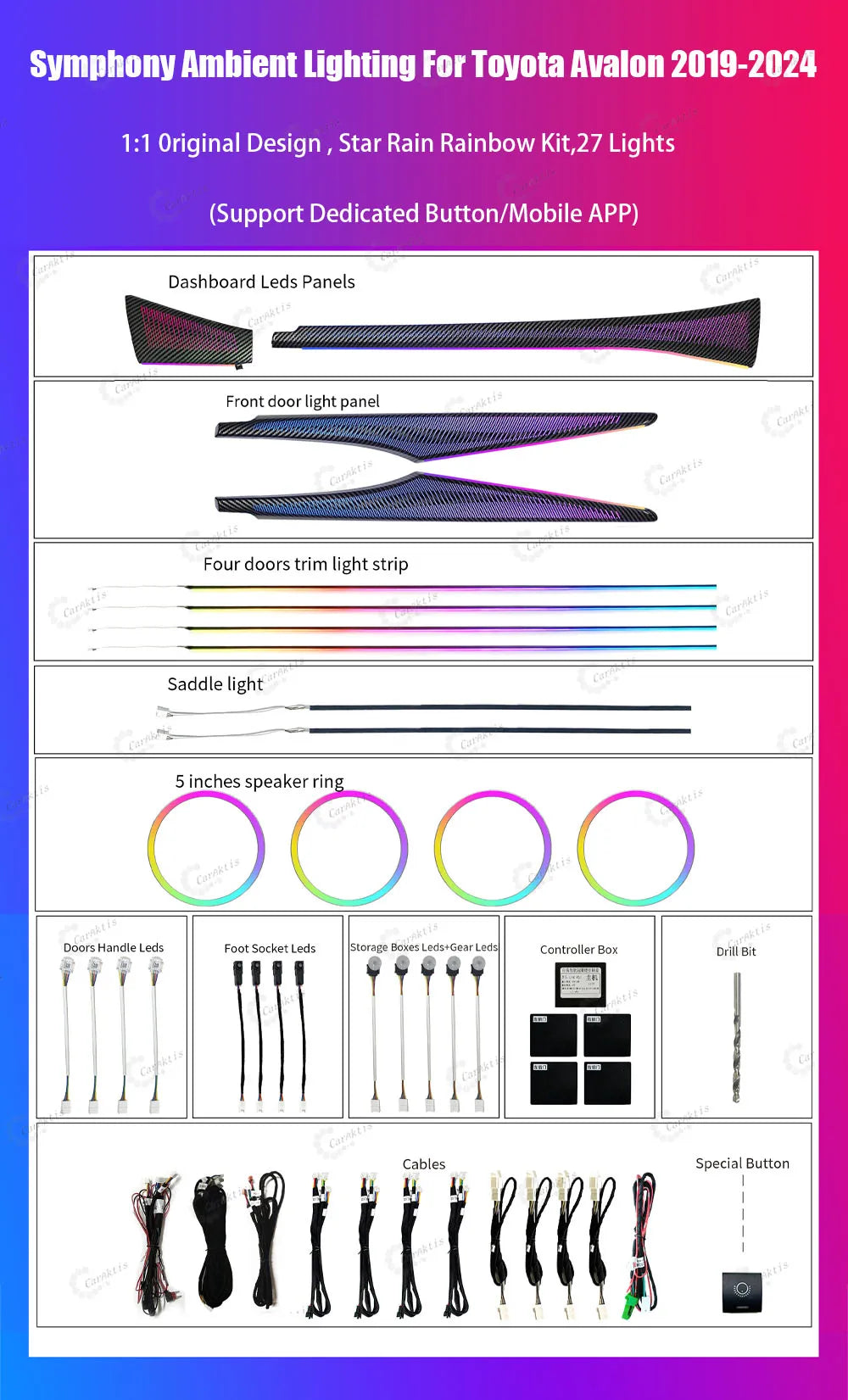 CarAktis Ambient Light LED Interior Decoration For Toyota Avalon 2019-2024 Dynamic Lighting