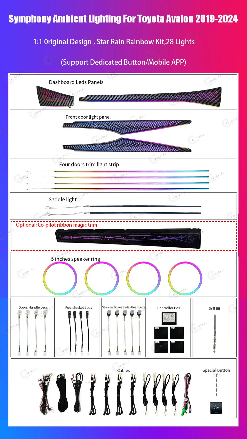 CarAktis Ambient Light LED Interior Decoration For Toyota Avalon 2019-2024 Dynamic Lighting