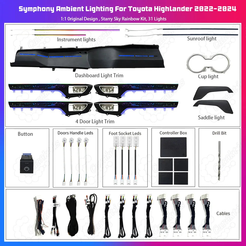 LED Atmosphere Light For Toyota Highlander 2022-2025 Dynamic Ambient Lighting 64 Colors
