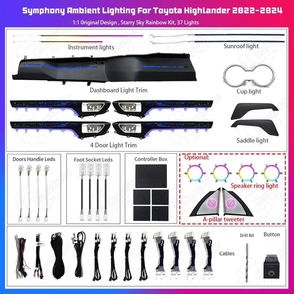 LED Atmosphere Light For Toyota Highlander 2022-2026 Dynamic Ambient Lighting 64 Colors