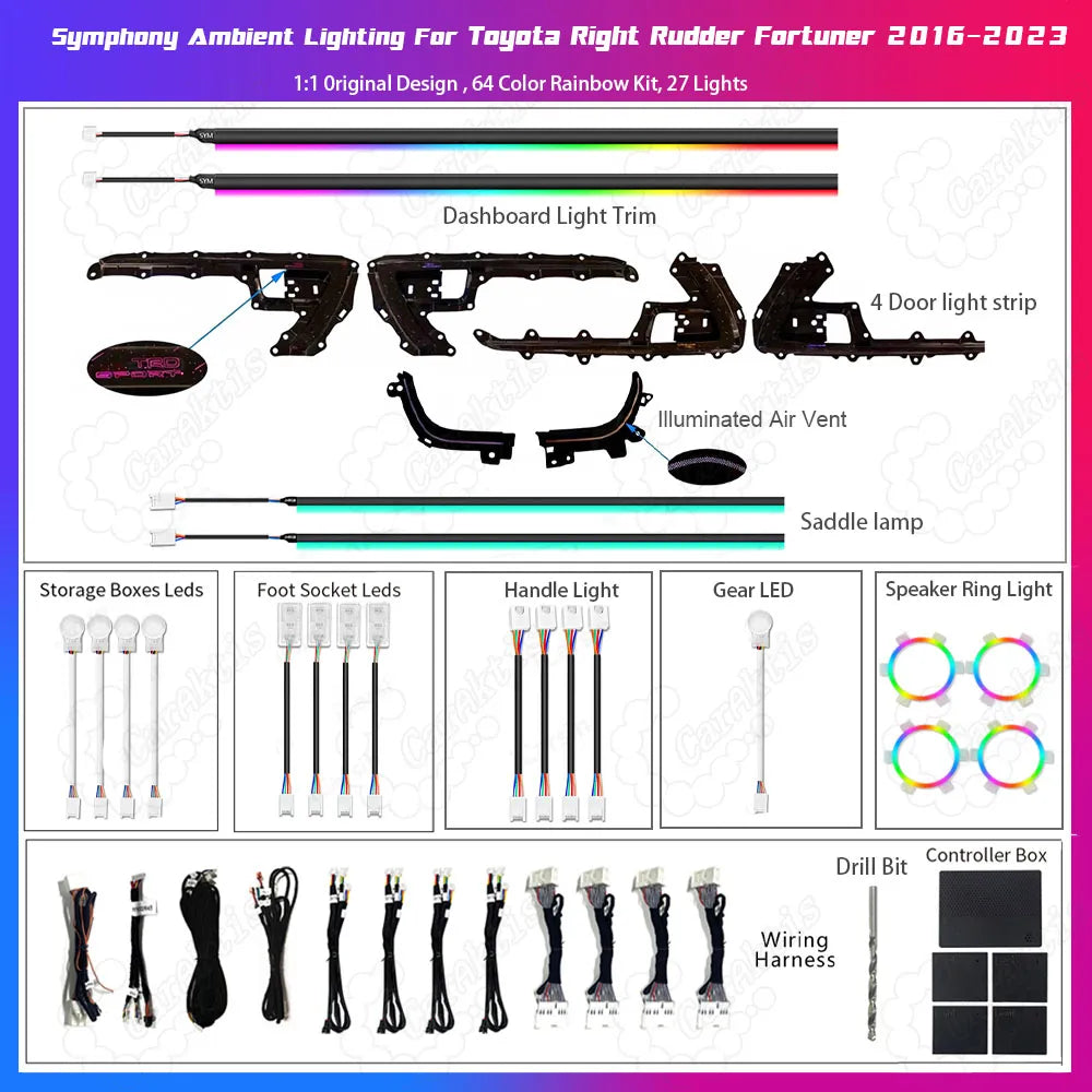64-Color Ambient LED Interior Lighting Upgrade for Toyota Fortuner RHD 2016–2023