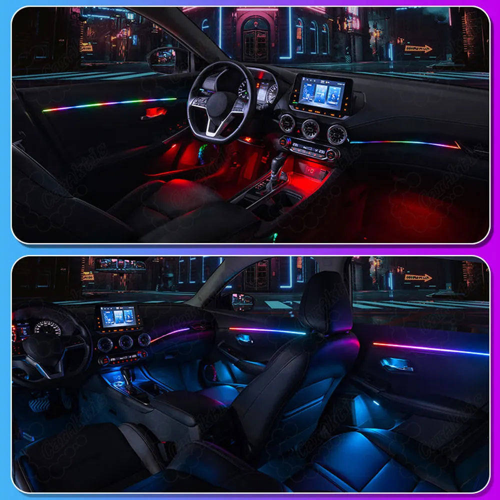 Car interior decoration LED strip light showing 64-color RGB dynamic symphony stream effect on the dashboard, creating a futuristic ambiance for car tuning upgrade.