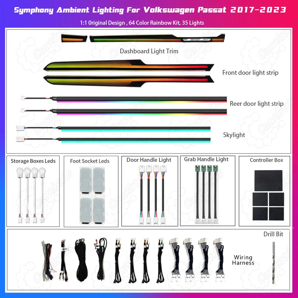 CarAkits Symphony Dynamic LED Ambient Lighting Kit for Volkswagen Passat 2017–2023 | 64-Color Interior Ambient Light Upgrade Trim