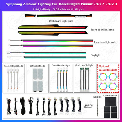 CarAkits Symphony Dynamic LED Ambient Lighting Kit for Volkswagen Passat 2017–2023 | 64-Color Interior Ambient Light Upgrade Trim