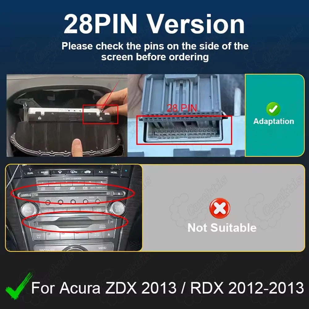 28-PIN connector adaptation guide for Acura ZDX 2013 and RDX 2012-2013 factory screen.