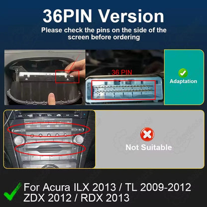 36-PIN version adaptation check and pin configuration for Acura ILX, TL, ZDX, and RDX infotainment upgrade.