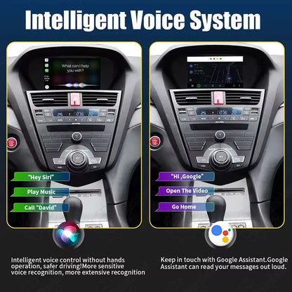 Intelligent voice system supporting Hey Siri and Hi Google assistant for Acura aftermarket CarPlay module.