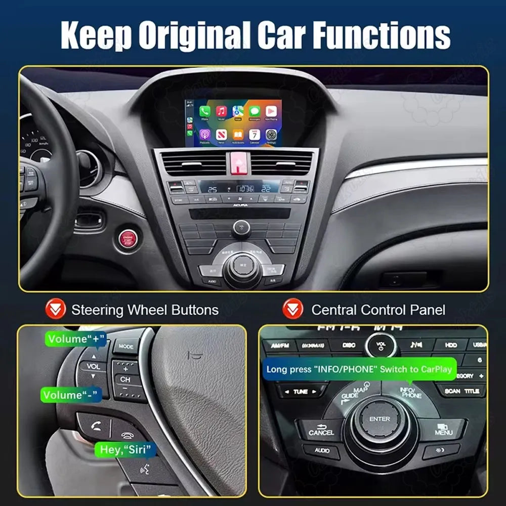 Retain original Acura factory functions including steering wheel buttons and central control panel rotation knob.