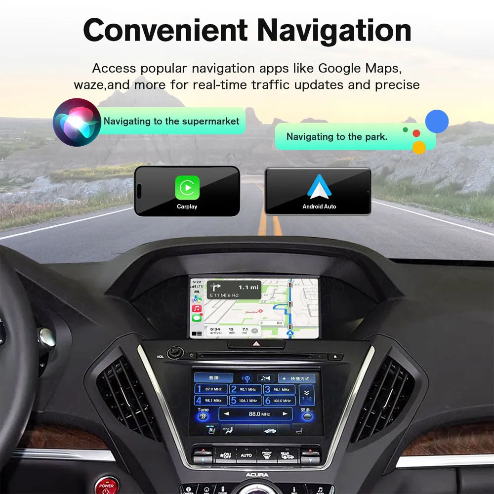 Convenient dashboard navigation interface displaying Google Maps and Apple Maps with Siri and Google Assistant voice control prompts in a dual-screen Acura vehicle.