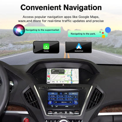 Convenient dashboard navigation interface displaying Google Maps and Apple Maps with Siri and Google Assistant voice control prompts in a dual-screen Acura vehicle.