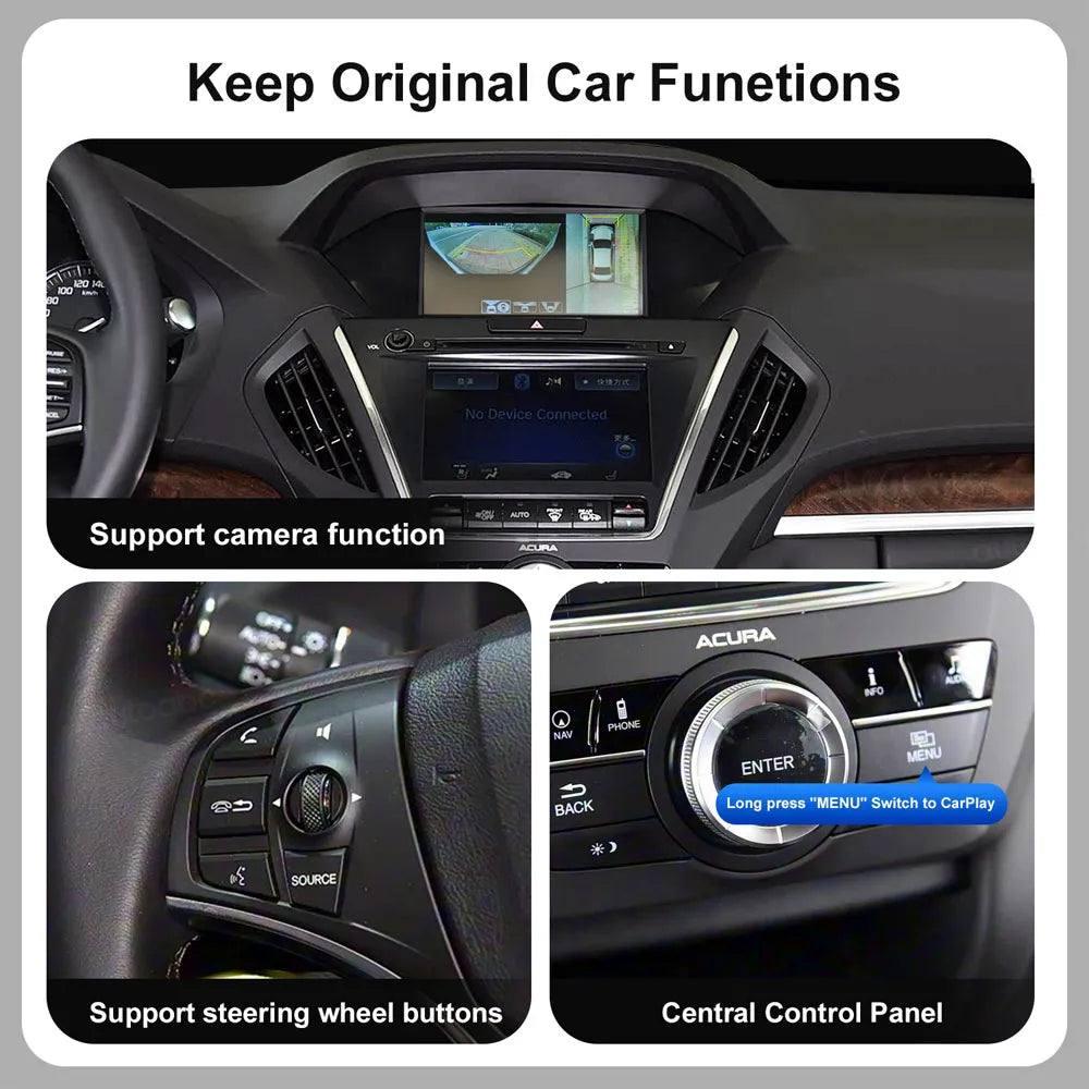 Audi A8 style Acura OEM integration showing support for original backup camera, 360 view, steering wheel button controls, and long press menu to switch to CarPlay on central control panel.