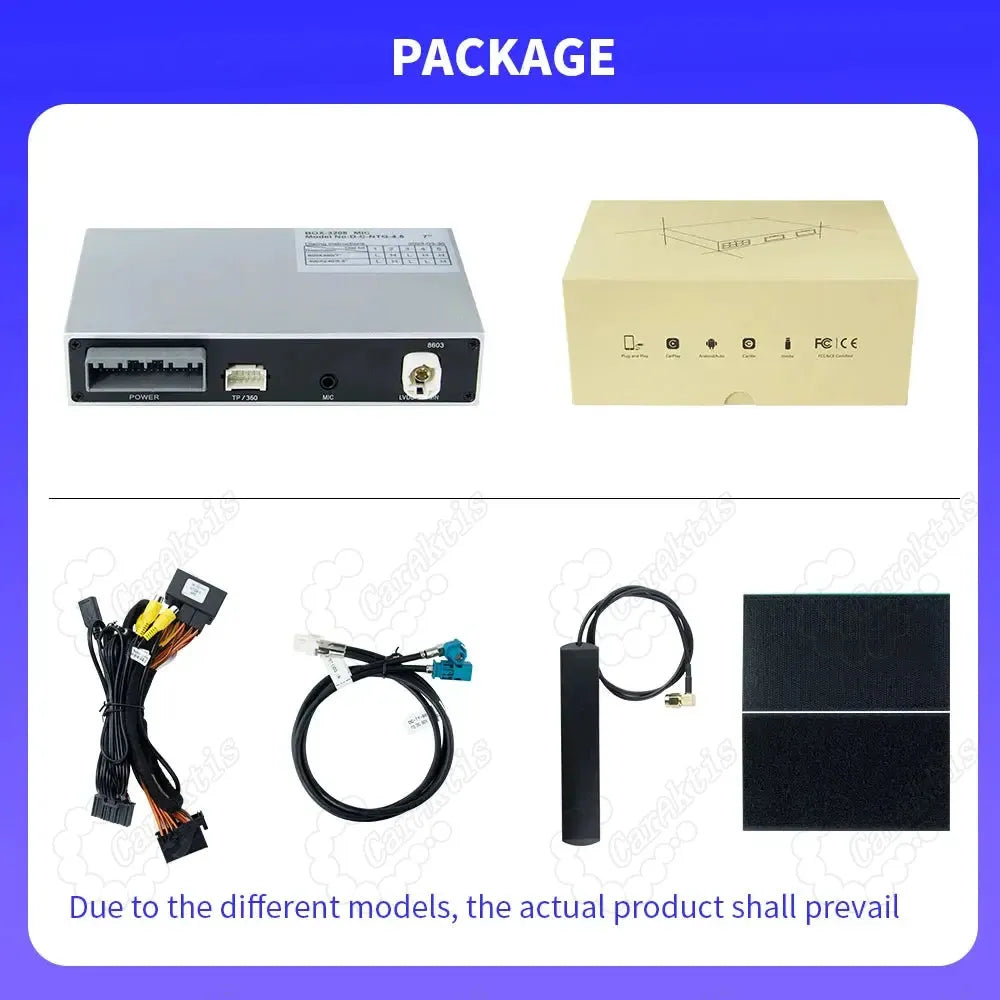 Complete product package contents including the CarPlay metal interface box, plug-and-play wiring harness, video cable, and Wi-Fi Bluetooth antenna.