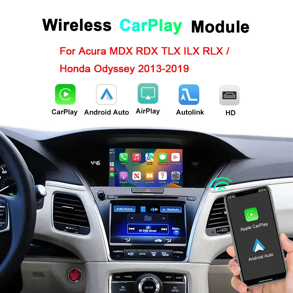 Wireless CarPlay and Android Auto retrofit module kit dashboard display overview for Acura MDX, RDX, TLX, ILX, RLX, and Honda Odyssey 2013-2019 dual-screen models.