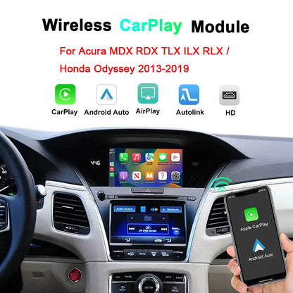 Wireless CarPlay and Android Auto retrofit module kit dashboard display overview for Acura MDX, RDX, TLX, ILX, RLX, and Honda Odyssey 2013-2019 dual-screen models.