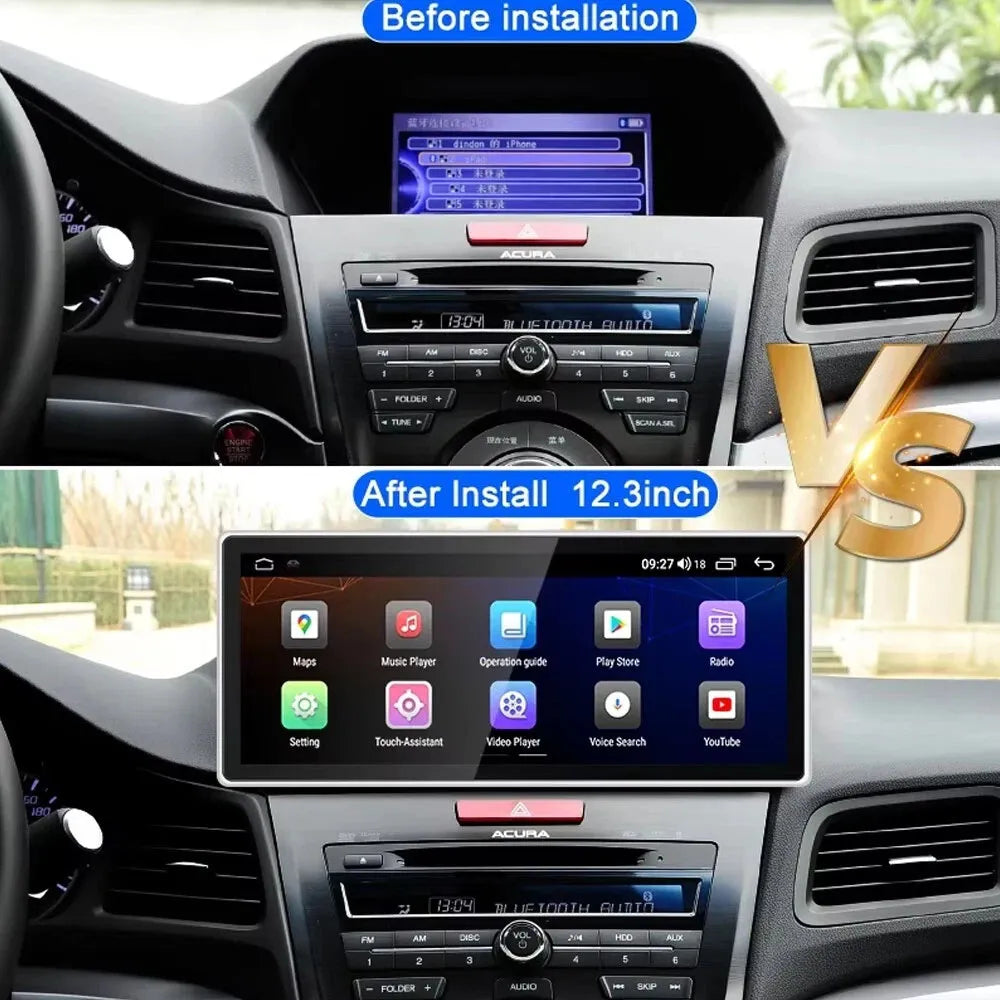 Before and after installation comparison of Acura ILX factory dash screen versus 12.3-inch Android touchscreen upgrade.