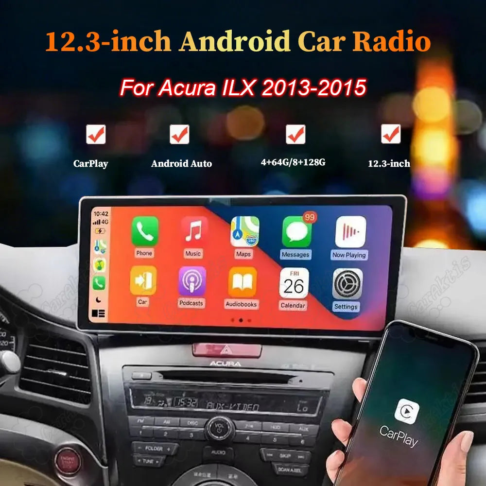 12.3-inch Android car radio display with Apple CarPlay installed in Acura ILX 2013-2015 dashboard.