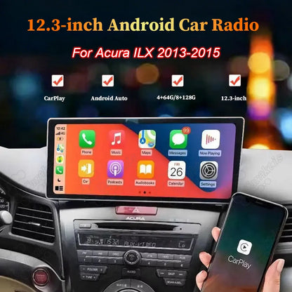 12.3-inch Android car radio display with Apple CarPlay installed in Acura ILX 2013-2015 dashboard.