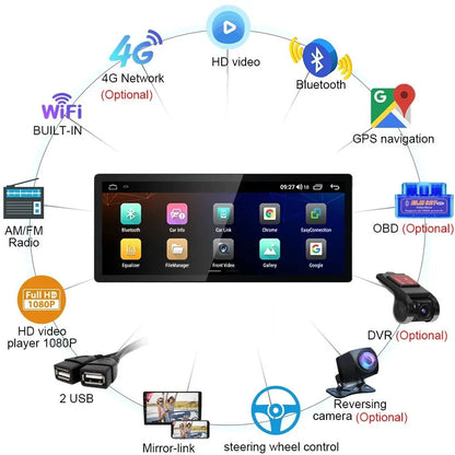 Feature diagram showing Acura ILX Android stereo capabilities including WiFi, 4G, Bluetooth, GPS navigation, OBD, DVR, and reversing camera support.