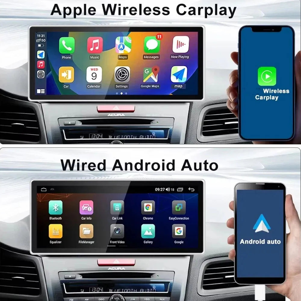 Dual interface showing Apple Wireless CarPlay and Wired Android Auto compatibility on Acura screen.