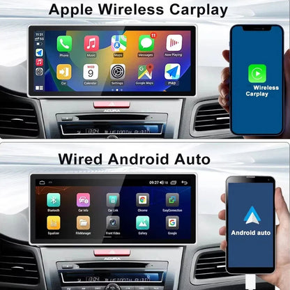 Dual interface showing Apple Wireless CarPlay and Wired Android Auto compatibility on Acura screen.