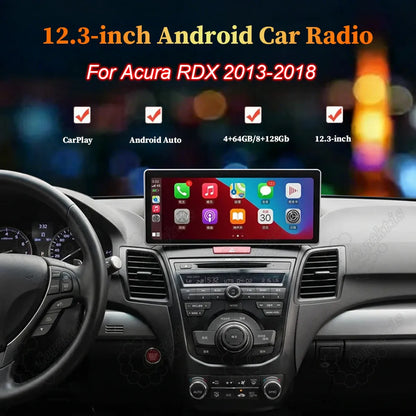 12.3-inch Android car radio display installed in Acura RDX 2013-2018 dashboard supporting Apple CarPlay and Android Auto.