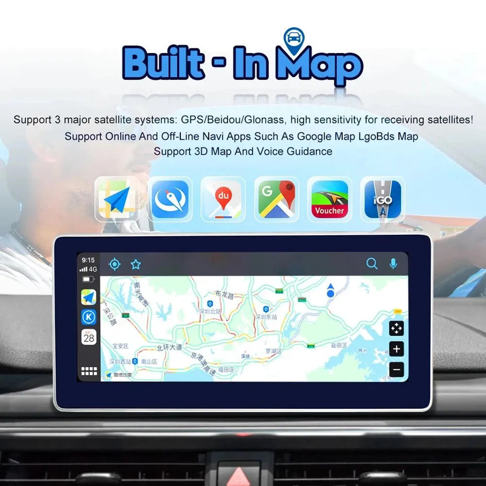 Built-in GPS navigation map interface on 12.3 inch Android touchscreen radio for Acura RDX 2013-2018