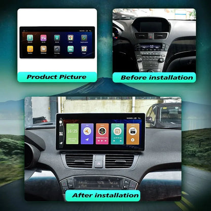Before and after installation comparison of 12.3 inch Android touchscreen upgrade on Acura RDX 2013-2018 dashboard