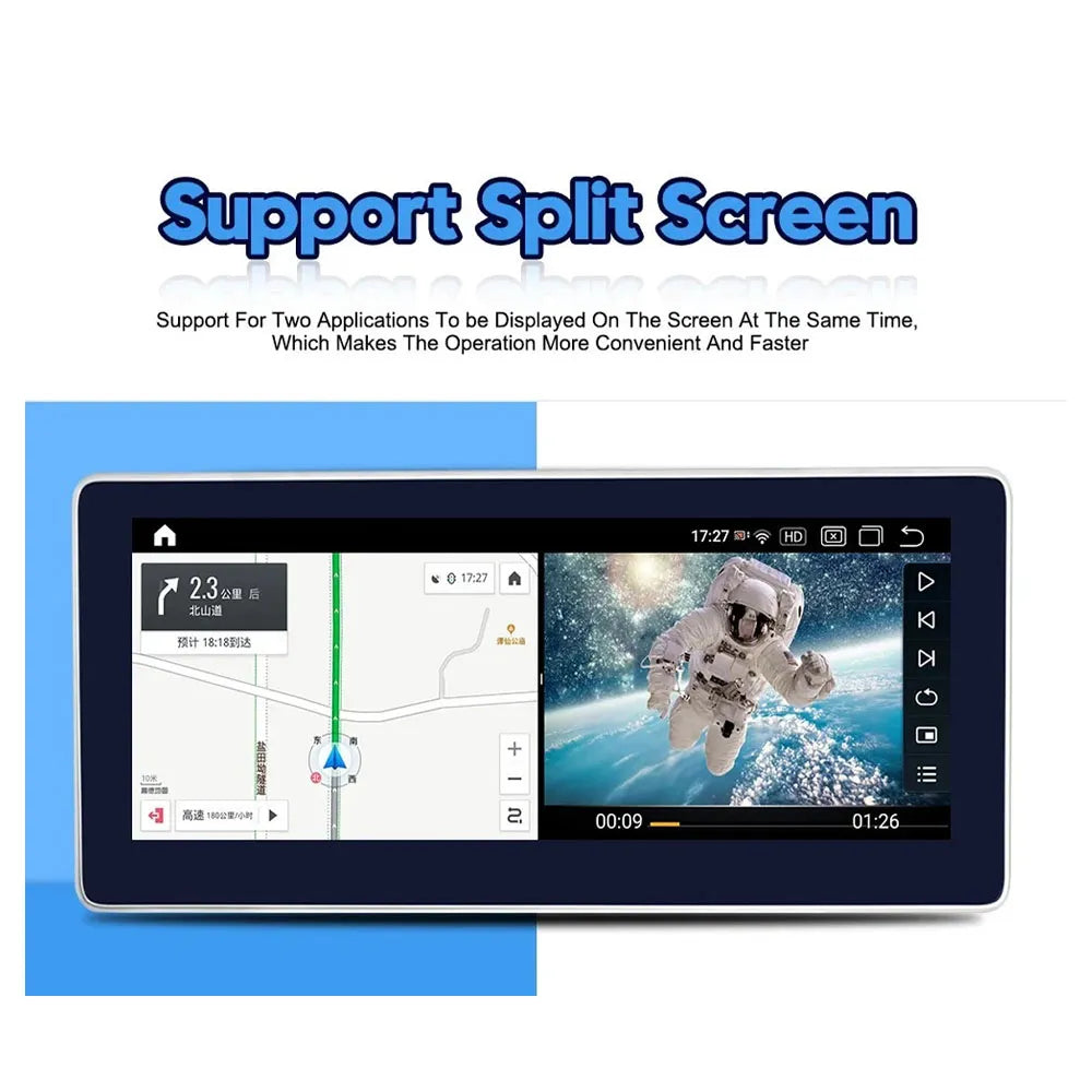 12.3 inch Android car stereo for Acura RDX displaying split screen mode with GPS navigation and video playback